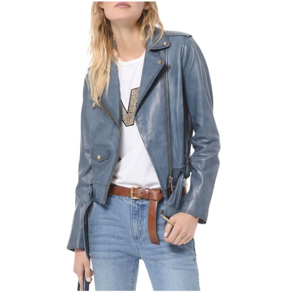 NEW Michael Kors Blue Lamb Motorcycle Jacket XS - Picture 10 of 11